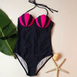 Onepiece halter navy shell swimsuit Bathingsuit